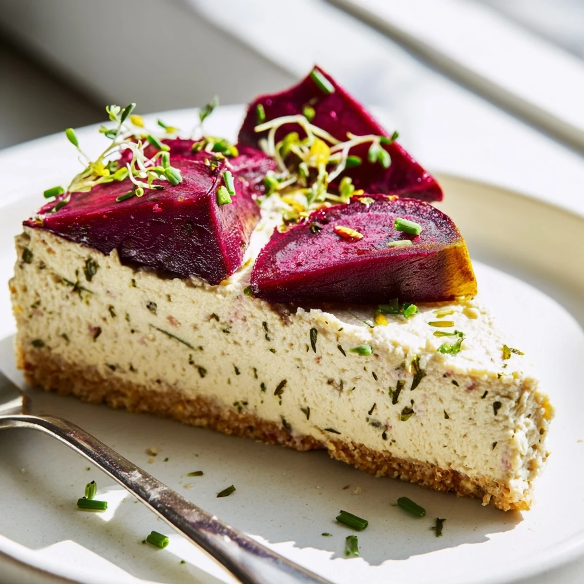 Creamy savoury cheesecake topped with caramelized roasted beetroot and fresh microgreens