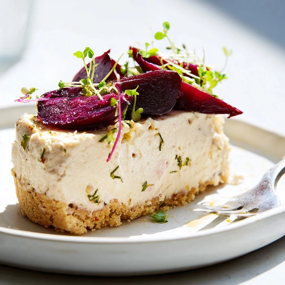 Golden-crusted savoury cheesecake crowned with jewel-toned roasted beetroot wedges and herbs
