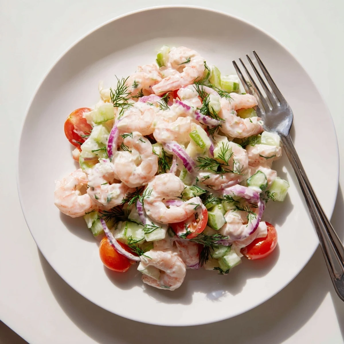 Pink shrimp salad recipe served chilled with crisp cucumber and cherry tomatoes