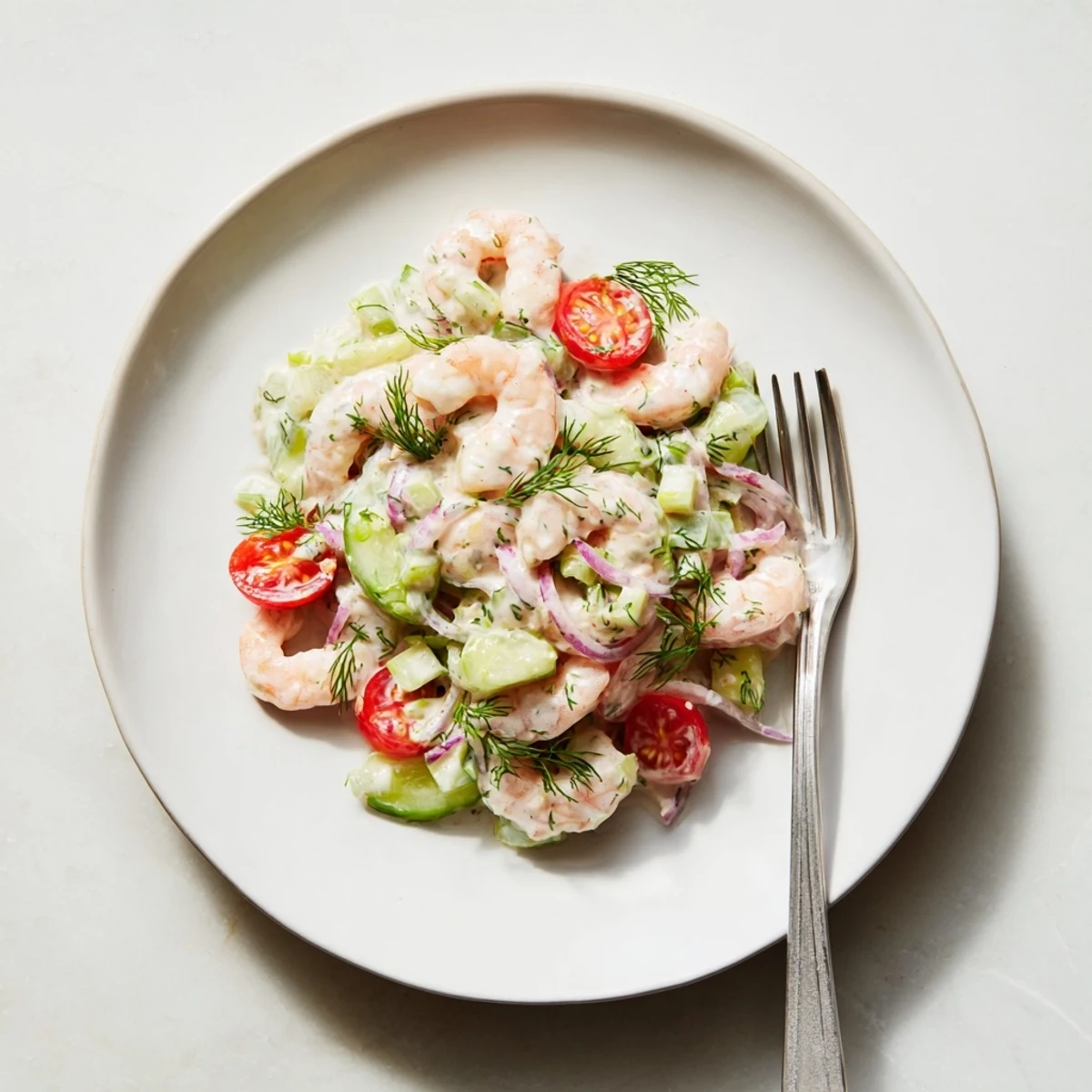 Zesty shrimp salad recipe in a bowl dotted with red onion and celery