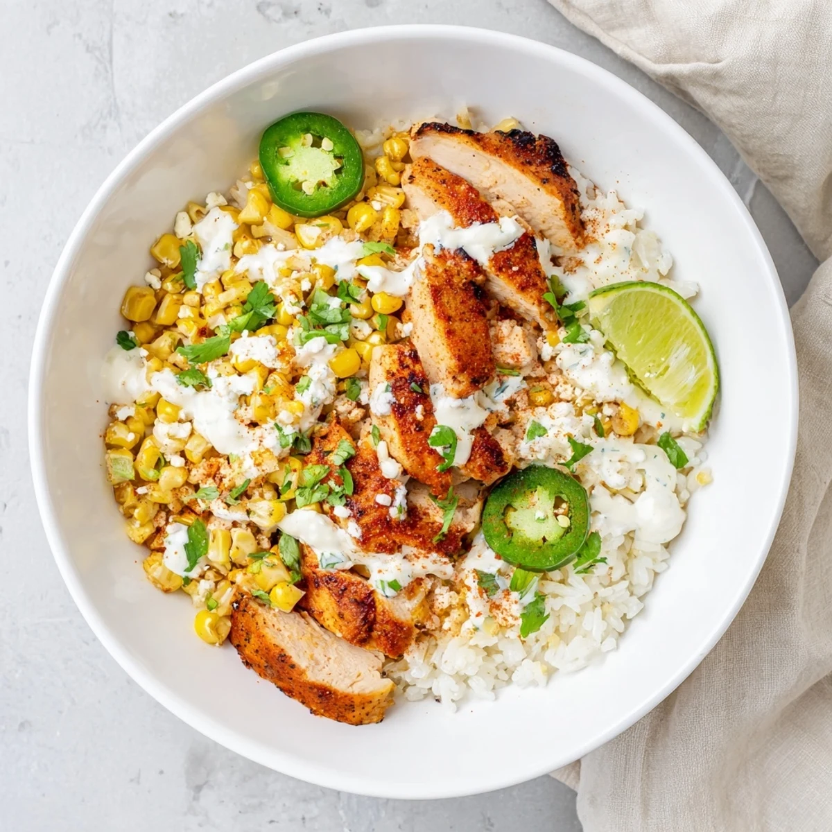 A vibrant street corn chicken rice bowl drizzled with creamy tangy sauce and crumbled cotija cheese.