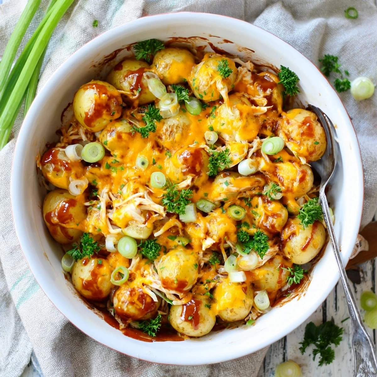 Golden roasted potatoes loaded with honey BBQ chicken and melted cheddar cheese