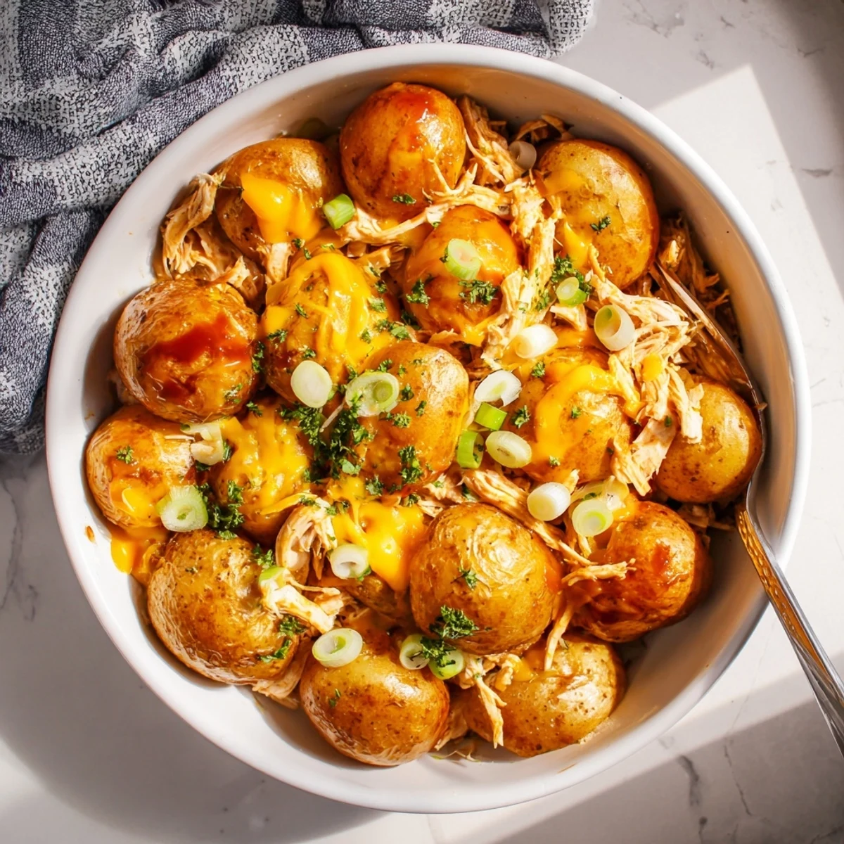 Sliced honey BBQ chicken over crispy tender potatoes garnished with fresh parsley