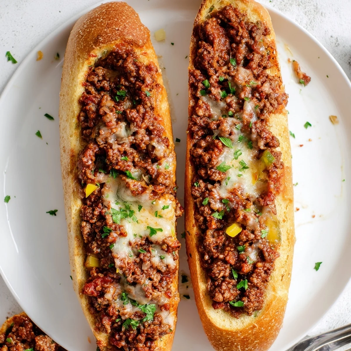 Garlic Bread Sloppy Joes piled on a tray, gooey cheese, buttery crust