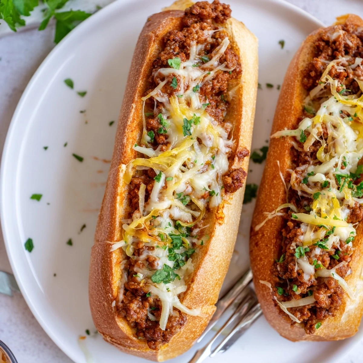 Toasted Garlic Bread Sloppy Joes sliced, savory beef filling steaming, parsley garnish