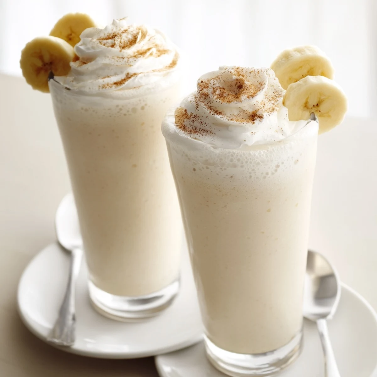 Frothy Vanilla Banana Shake poured beside breakfast toast, banana slice garnish