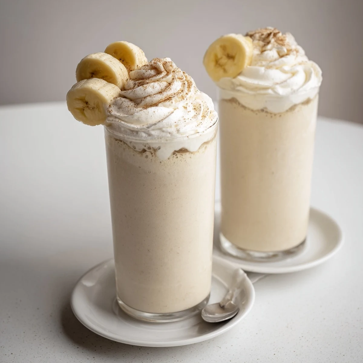 Creamy Vanilla Banana Shake in chilled glass, frothy top and cinnamon sprinkle