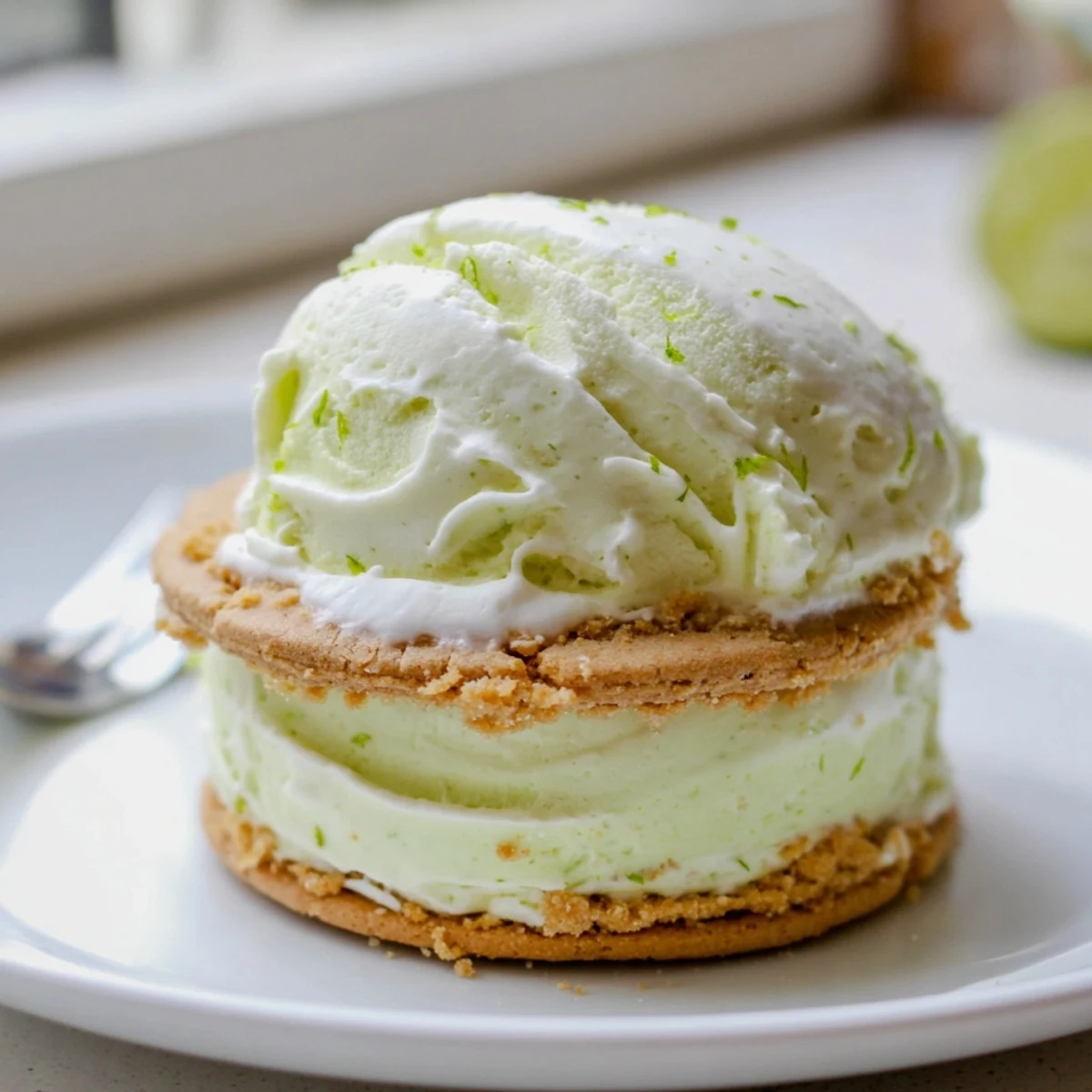 Chilled Key Lime Pie Ice Cream Sandwiches, bright tart cream tucked between golden cookies