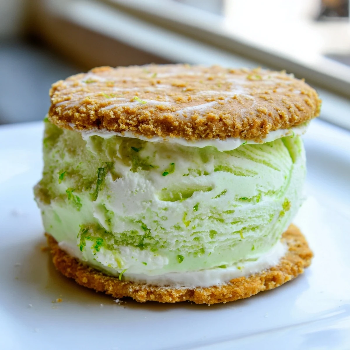 Homemade Key Lime Pie Ice Cream Sandwiches served frozen, rolled in crushed graham crumbs