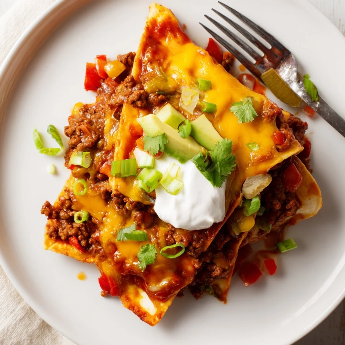 Pan of Beef Skillet Enchiladas topped with avocado, sour cream, green onions