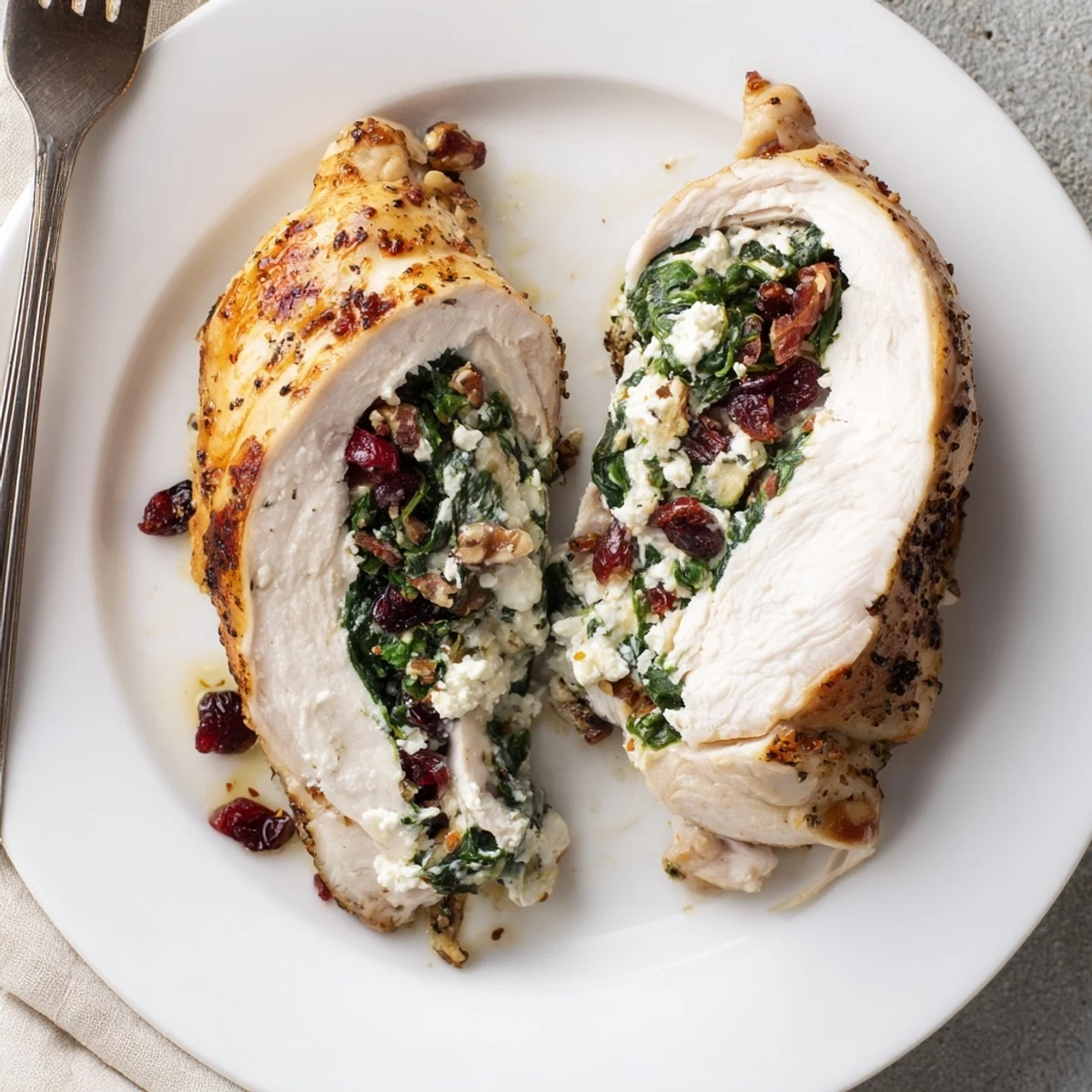 Sliced to reveal Cranberry Spinach Stuffed Chicken Breasts served with wild rice