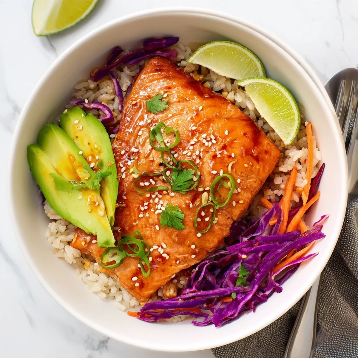 Weeknight Bang Bang Salmon Bowls Recipe drizzled with zesty sauce, sesame garnish