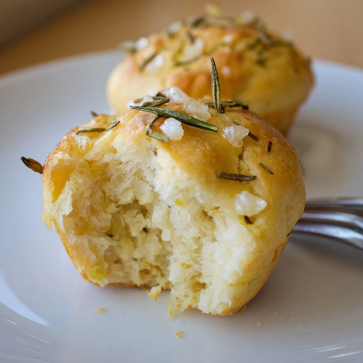 Serve Garlic Rosemary Focaccia Muffins warm beside soup, tender interior, salty rosemary