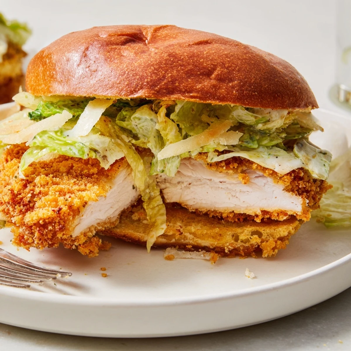 Crispy Chicken Caesar Sandwich Recipe on toasted brioche, golden chicken, crunchy romaine.