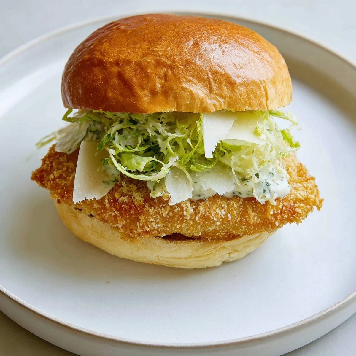 Warm Crispy Chicken Caesar Sandwich Recipe served with creamy dressing and lemon.