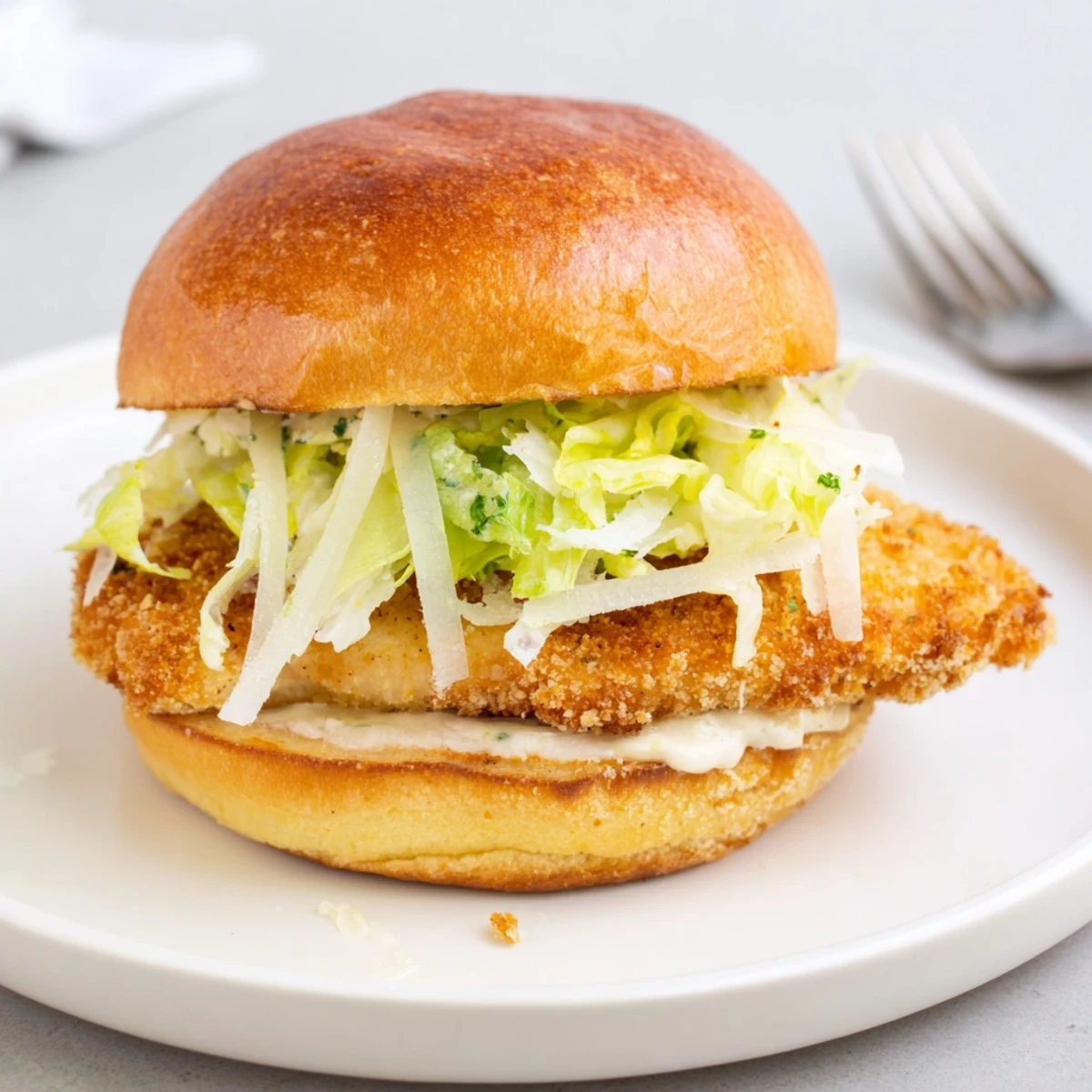 Pan fried Crispy Chicken Caesar Sandwich Recipe layered with shaved Parmesan and romaine.
