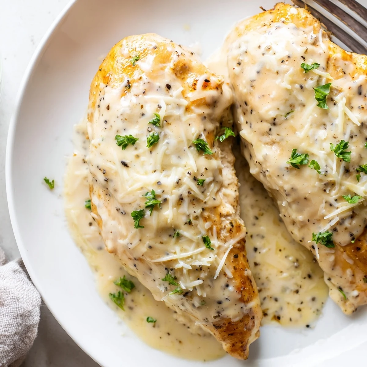 Caesar Chicken Recipe: baked juicy breasts in creamy dressing, melted parmesan topping