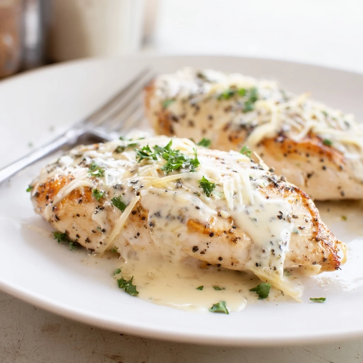 Easy Caesar Chicken Recipe with creamy sauce, golden parmesan crust and parsley garnish