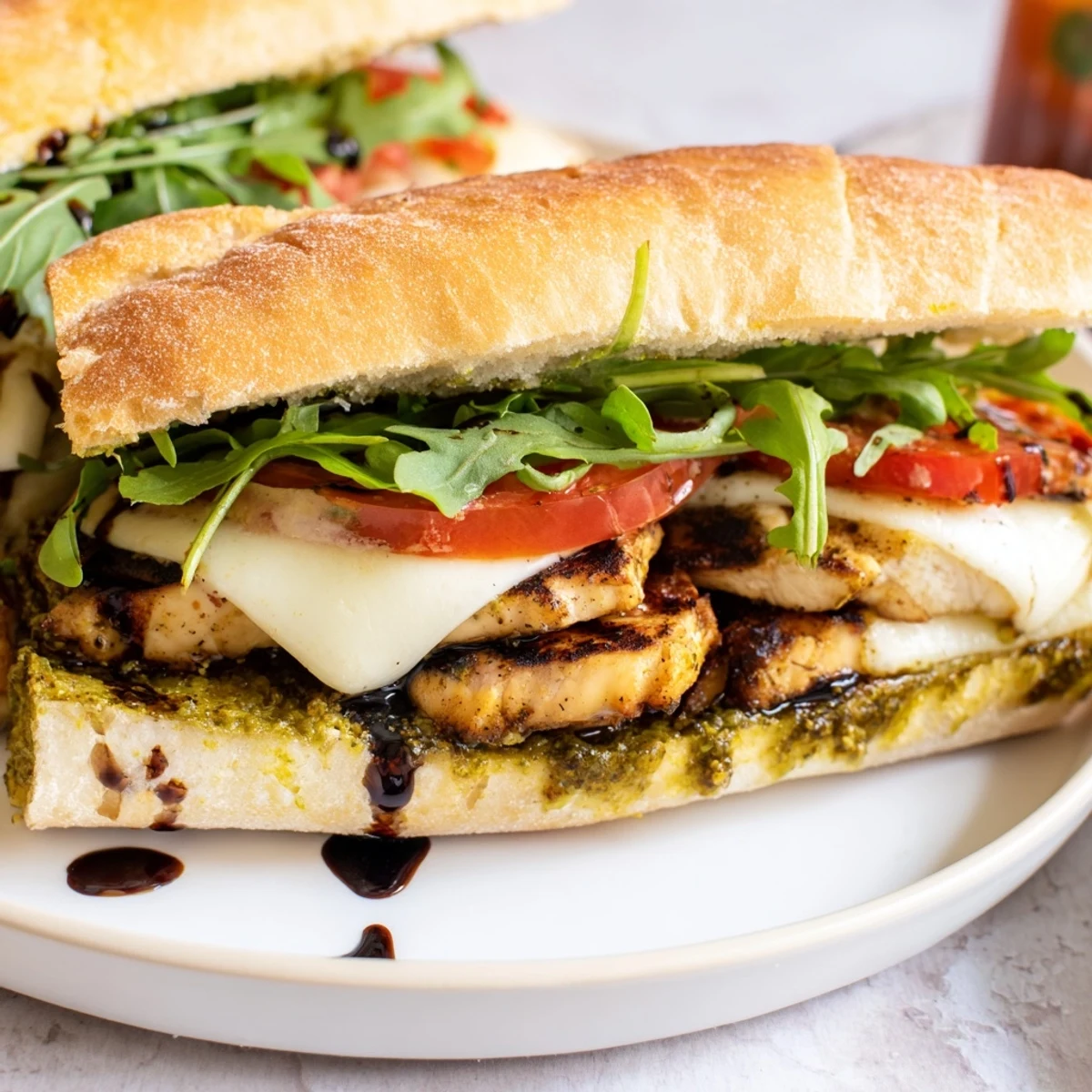 Grilled Chicken Pesto Sandwich with melted mozzarella, charred chicken, and peppery arugula