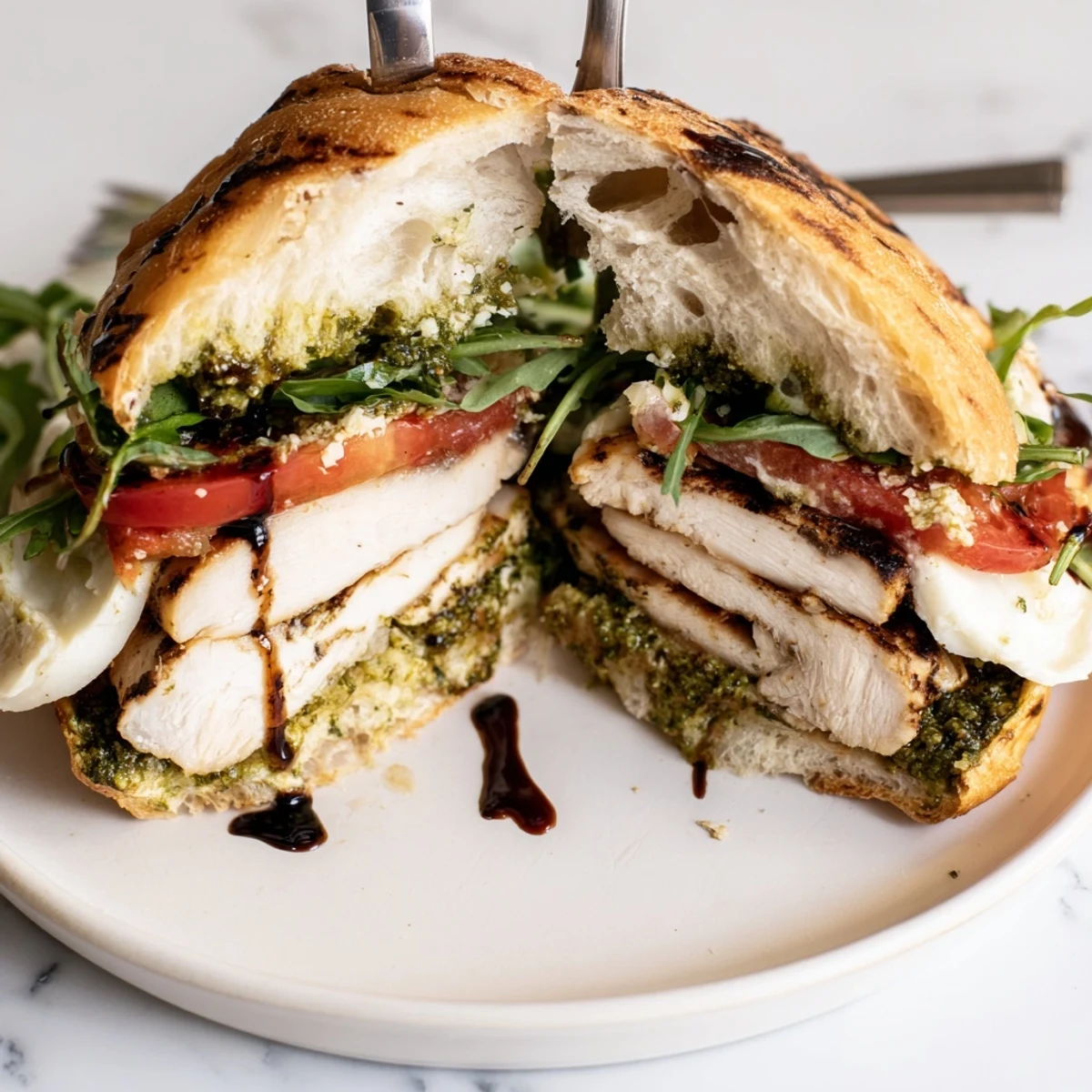 Warm Grilled Chicken Pesto Sandwich served on toasted ciabatta with balsamic drizzle
