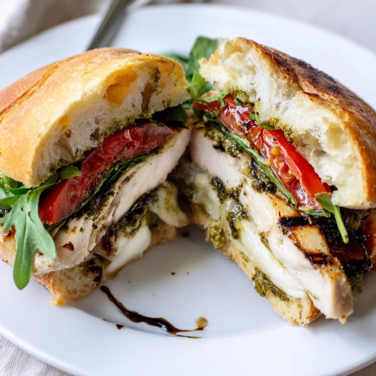 Herb-scented Grilled Chicken Pesto Sandwich showing juicy slices, ripe tomato, crisp greens
