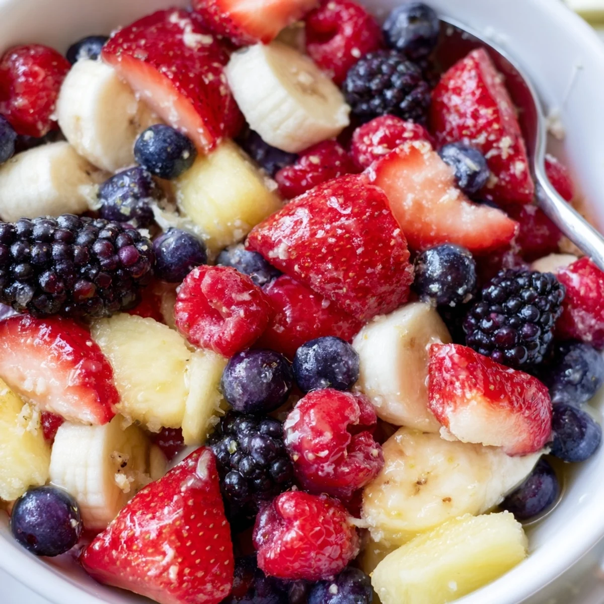Glistening bowl of berries and pineapple in Red White And Blue Fruit Salad