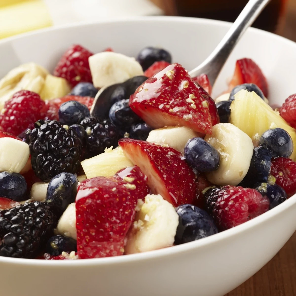Chilled pineapple, banana, and marshmallows tossed together in Red White And Blue Fruit Salad