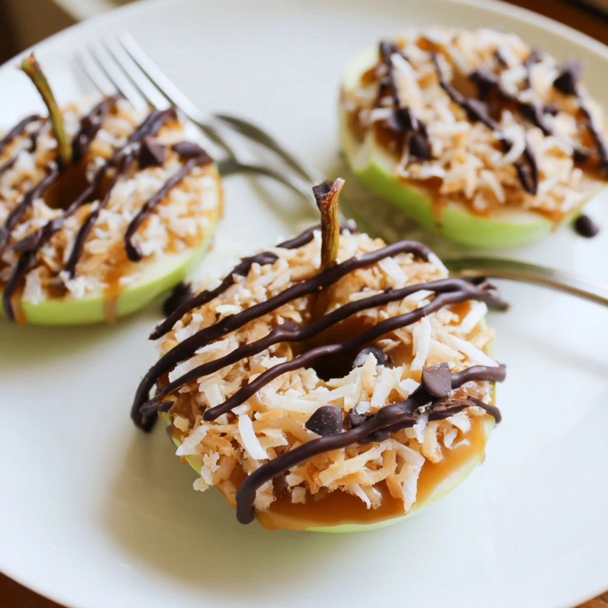 Samoa Apple Slices arranged on parchment, crisp apple rings topped with caramel