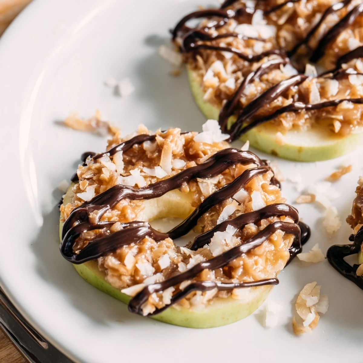 Fresh Samoa Apple Slices sprinkled with toasted coconut, chocolate ribbons, flaky sea salt