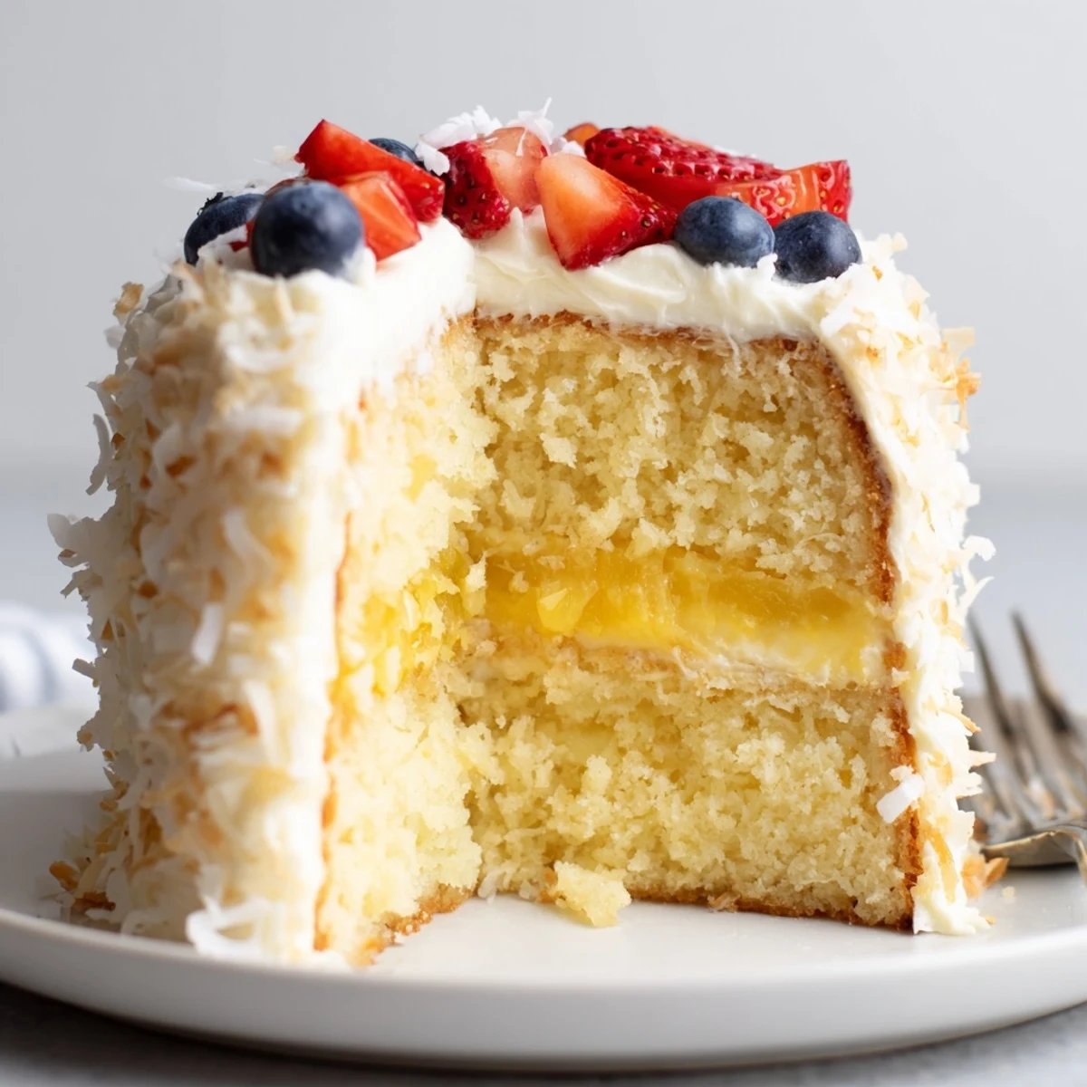 Pineapple Coconut God Bless America Cake with creamy frosting and toasted coconut  
