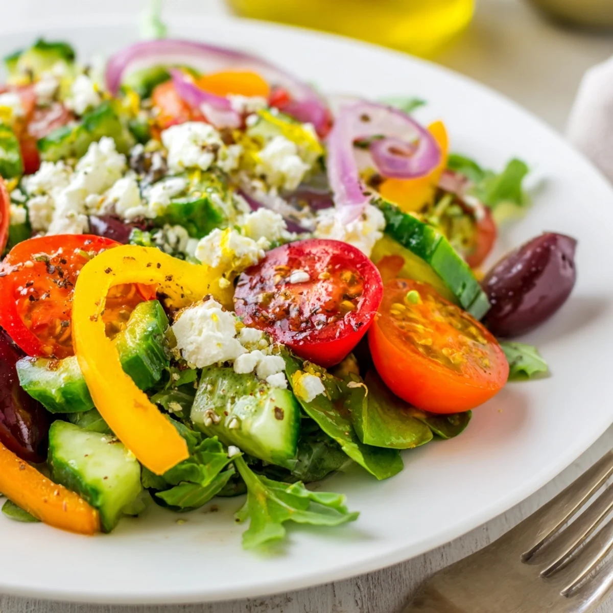 Bright bowl tossed with olive oil, feta, and arugula Fresh Salad Recipe