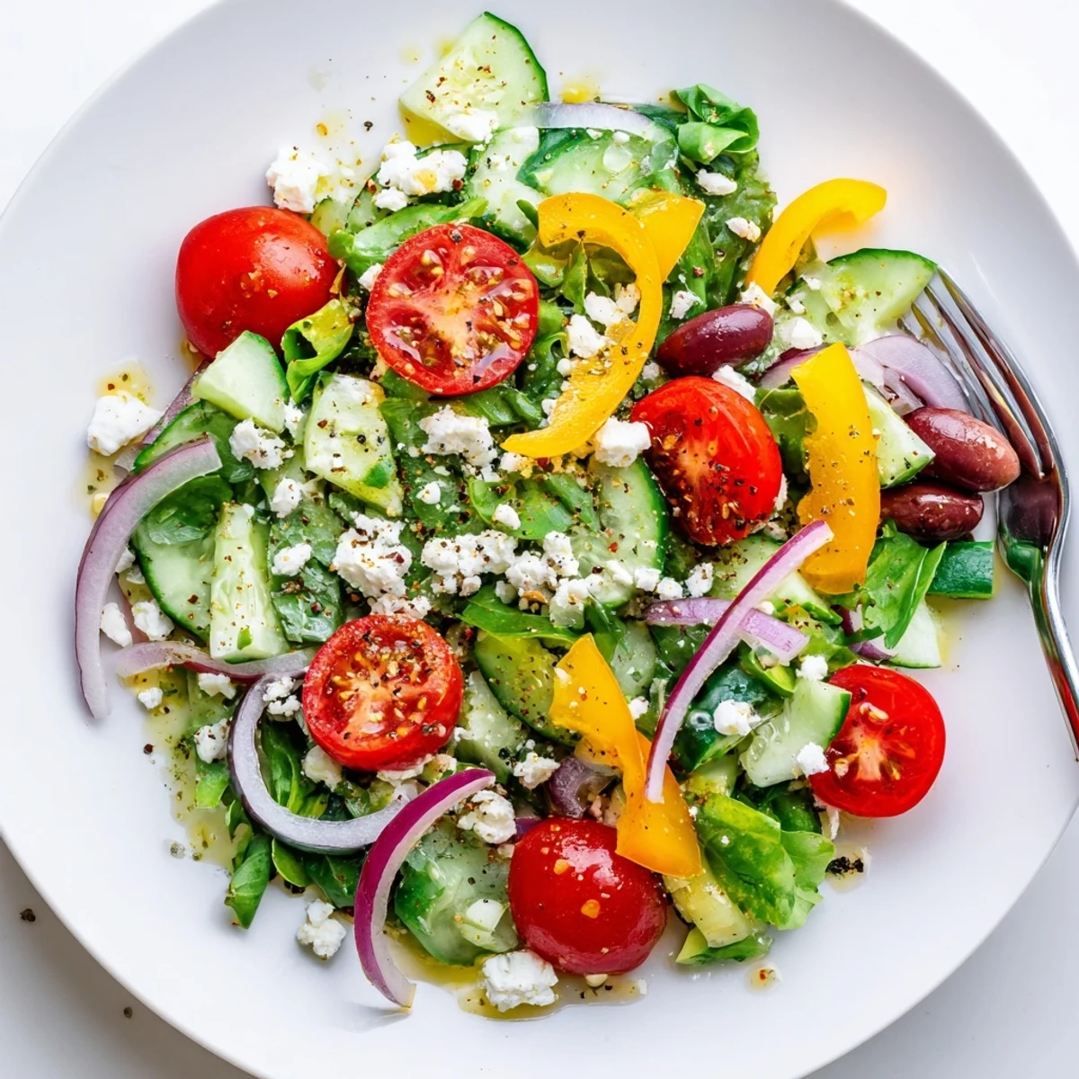 Fresh Salad Recipe with crisp greens, halved tomatoes, cucumber, lemony dressing