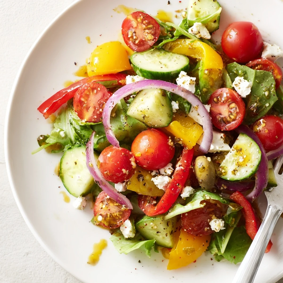 Crisp greens, cherry tomatoes, and cucumber showcase this Fresh Salad Recipe served immediately
