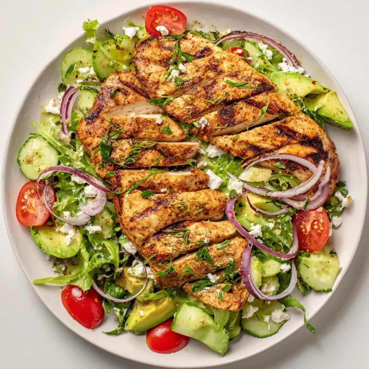 Grilled Chicken Salad with avocado herb dressing, tender slices over mixed greens