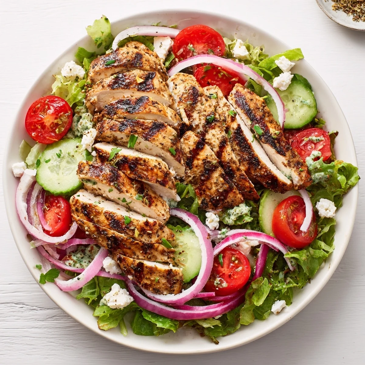 Sliced grilled chicken atop colorful greens in Grilled Chicken Salad Avocado Herb Dressing Recipe
