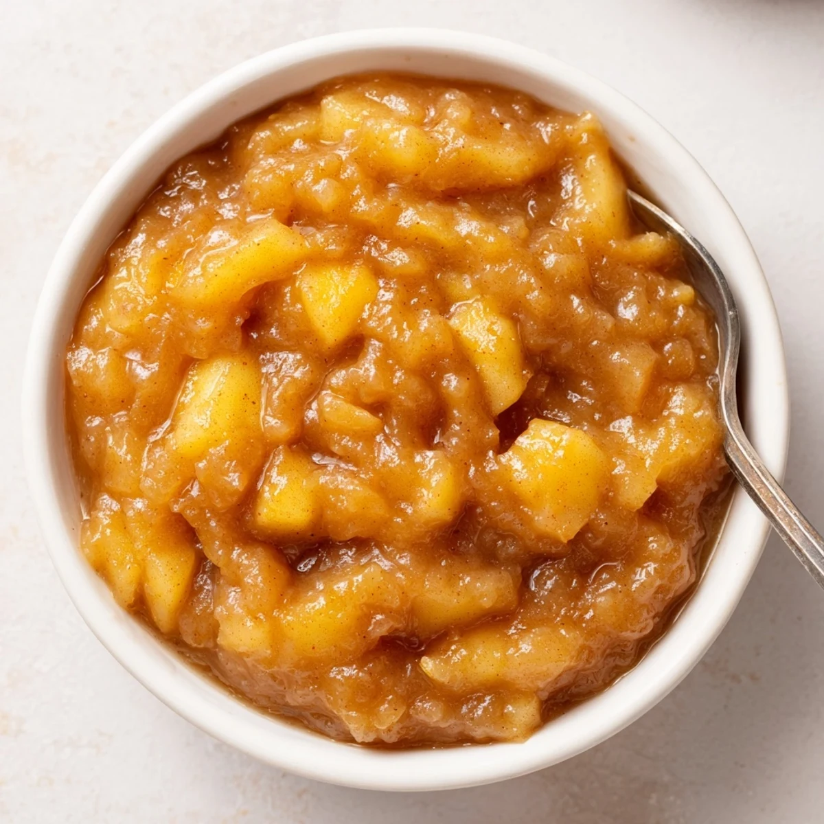 Fall Caramel Apple Jam glistening in jar, chunky apples and cinnamon aroma.