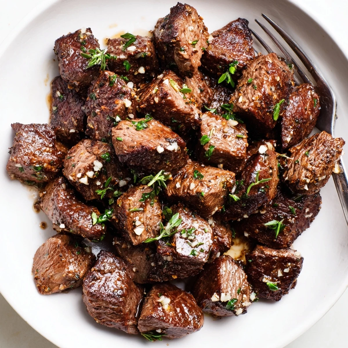 Garlic Butter Steak Bites sizzling in a cast iron pan, glossy butter glaze