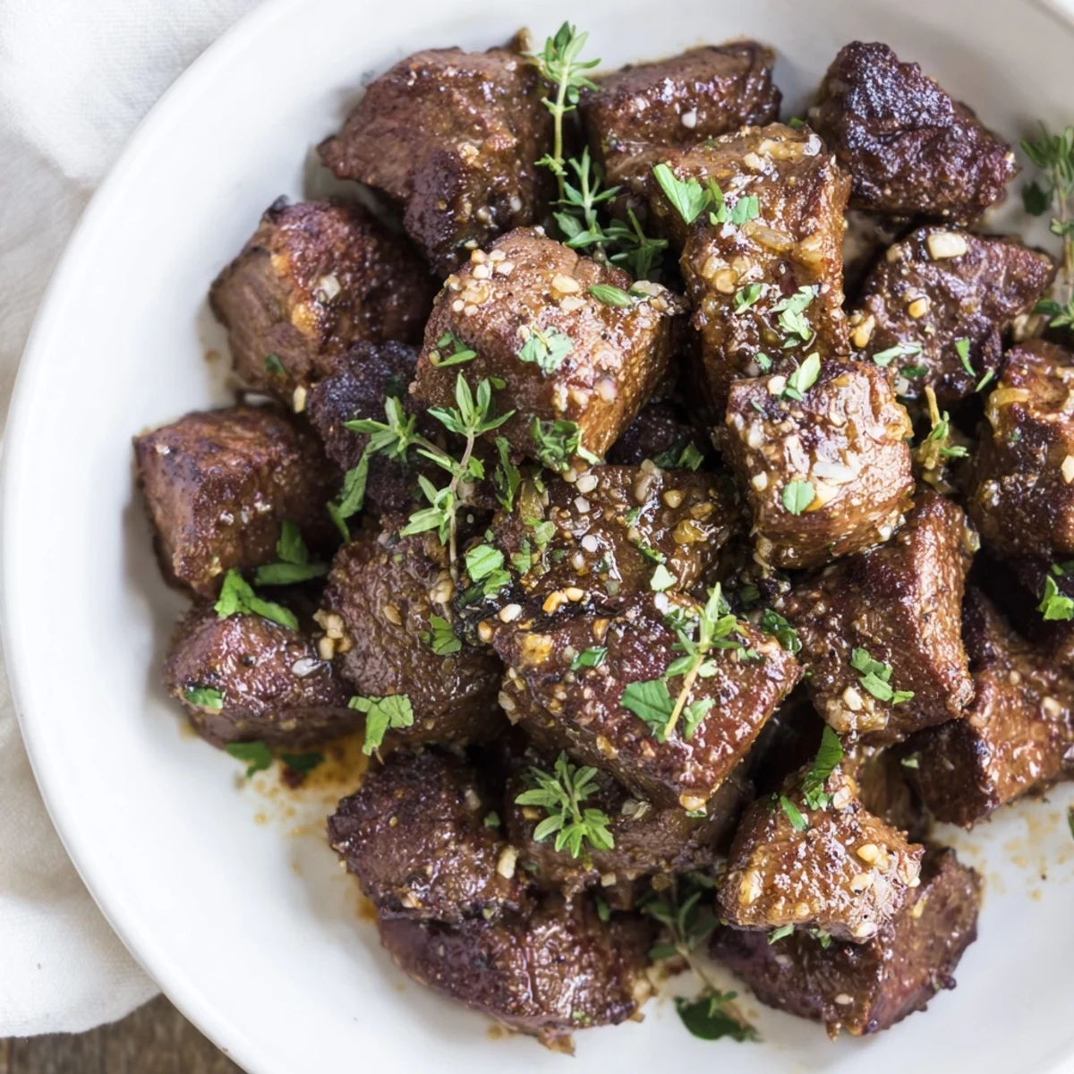 Weeknight Garlic Butter Steak Bites over mashed potatoes, tender seared edges visible
