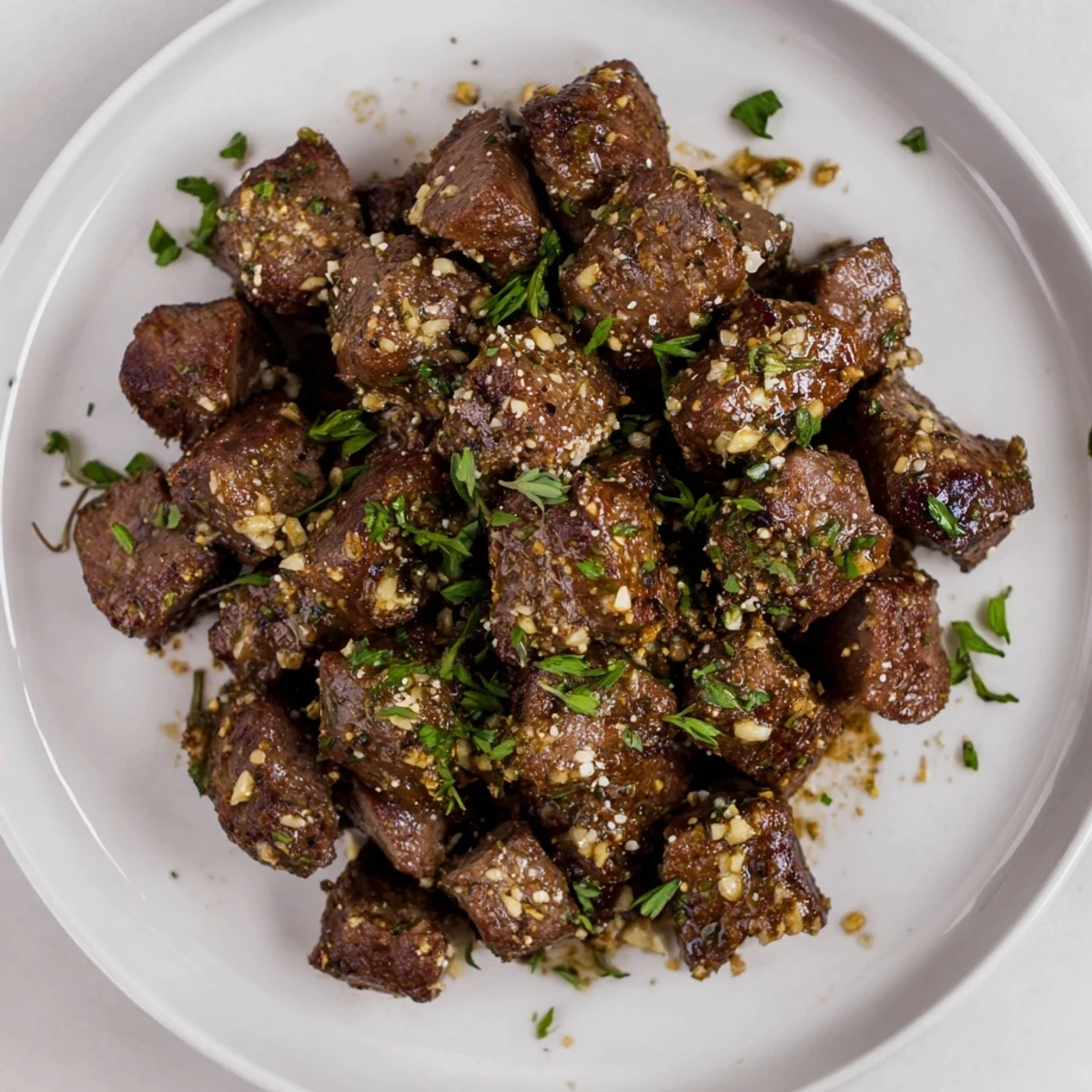 Plump Garlic Butter Steak Bites tossed with parsley, buttery aroma, ready to serve