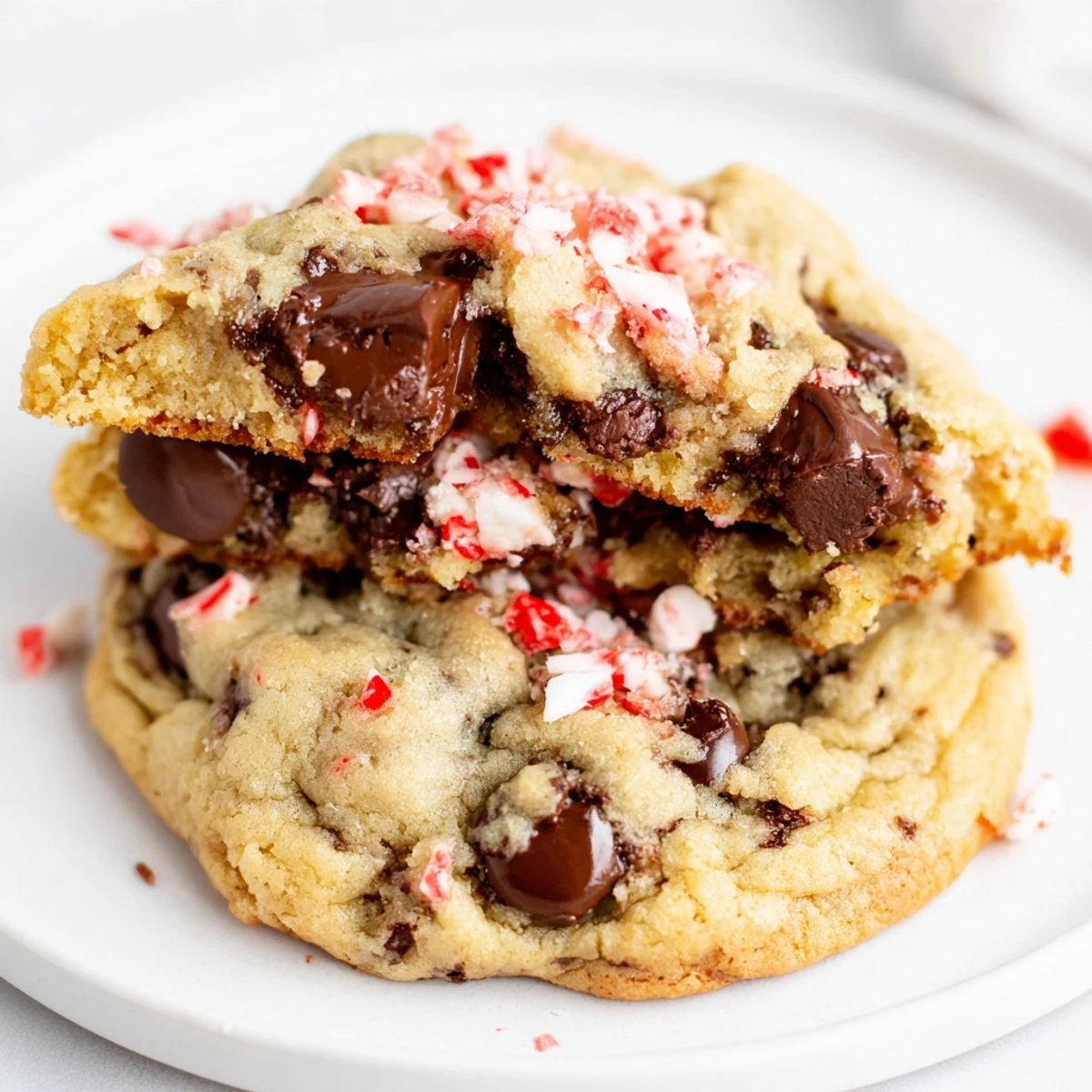 Peppermint Chocolate Chip Cookies cooling on rack, melting chips and crushed candy