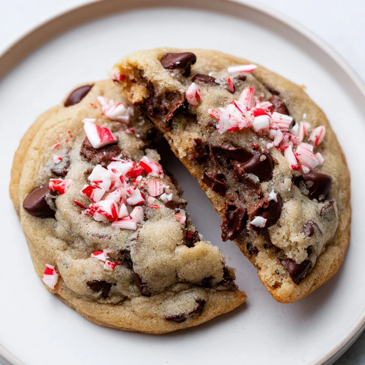 Warm Peppermint Chocolate Chip Cookies with gooey chocolate, peppermint flecks, holiday plate