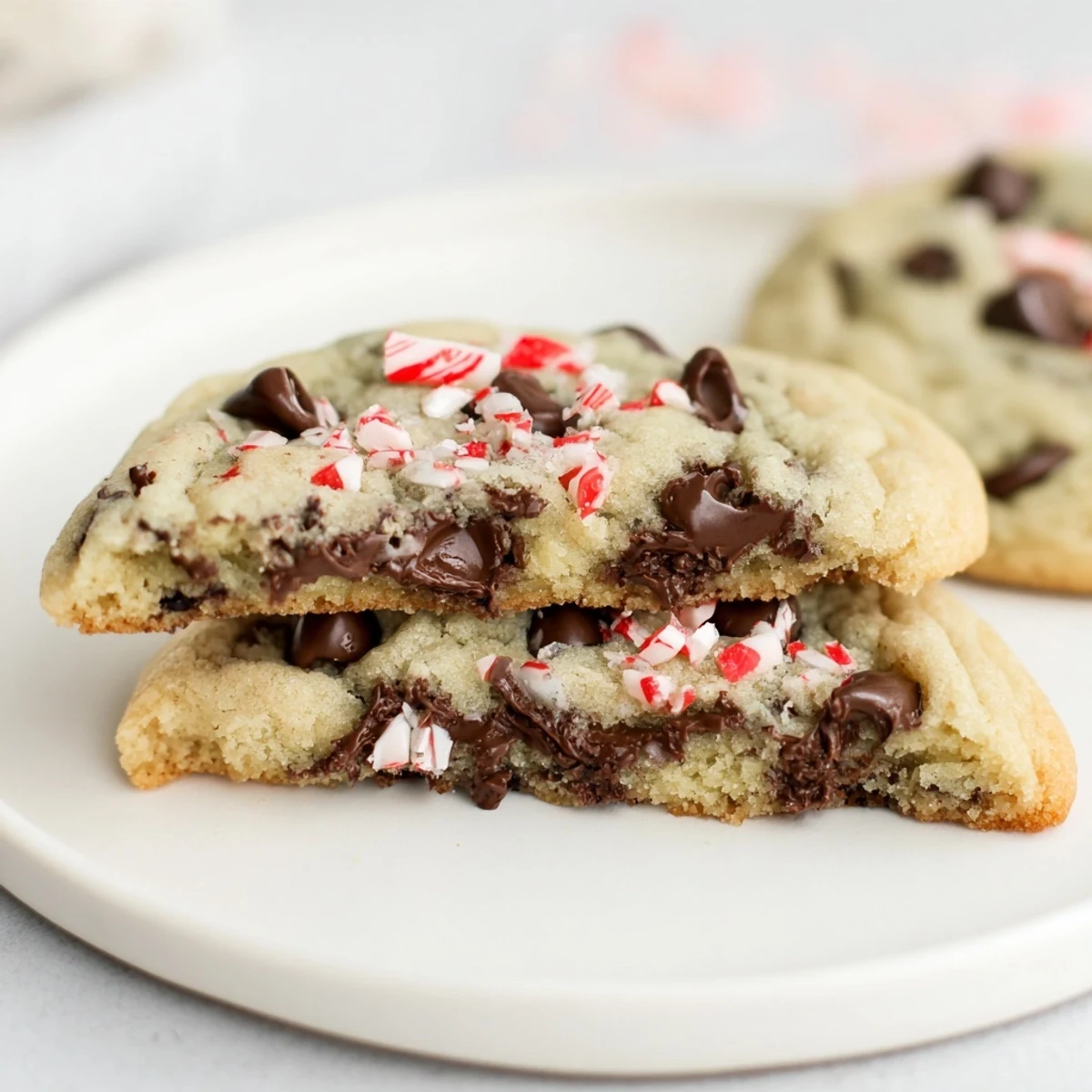 Stack of Peppermint Chocolate Chip Cookies beside milk glass, speckled with candy