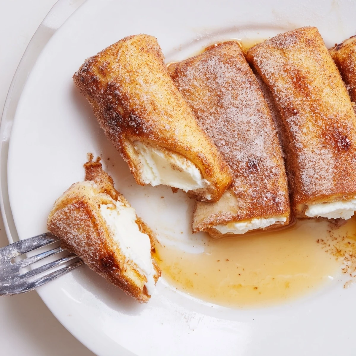 Cinnamon Roll French Toast Roll Ups sizzling golden, dusted in cinnamon sugar  