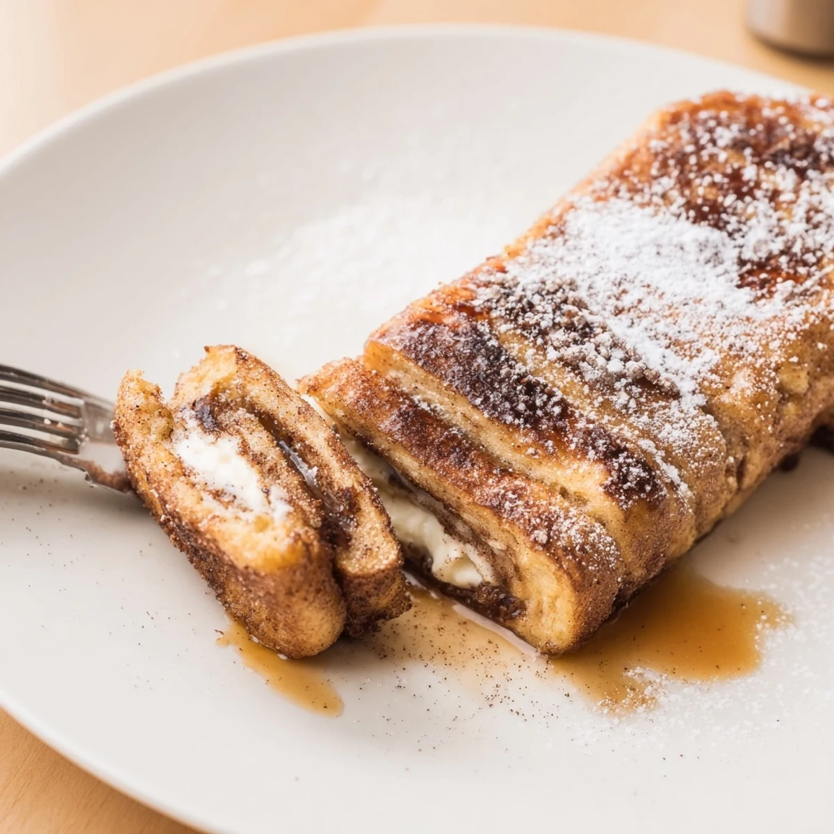 Handheld Cinnamon Roll French Toast Roll Ups served with drizzle of maple syrup