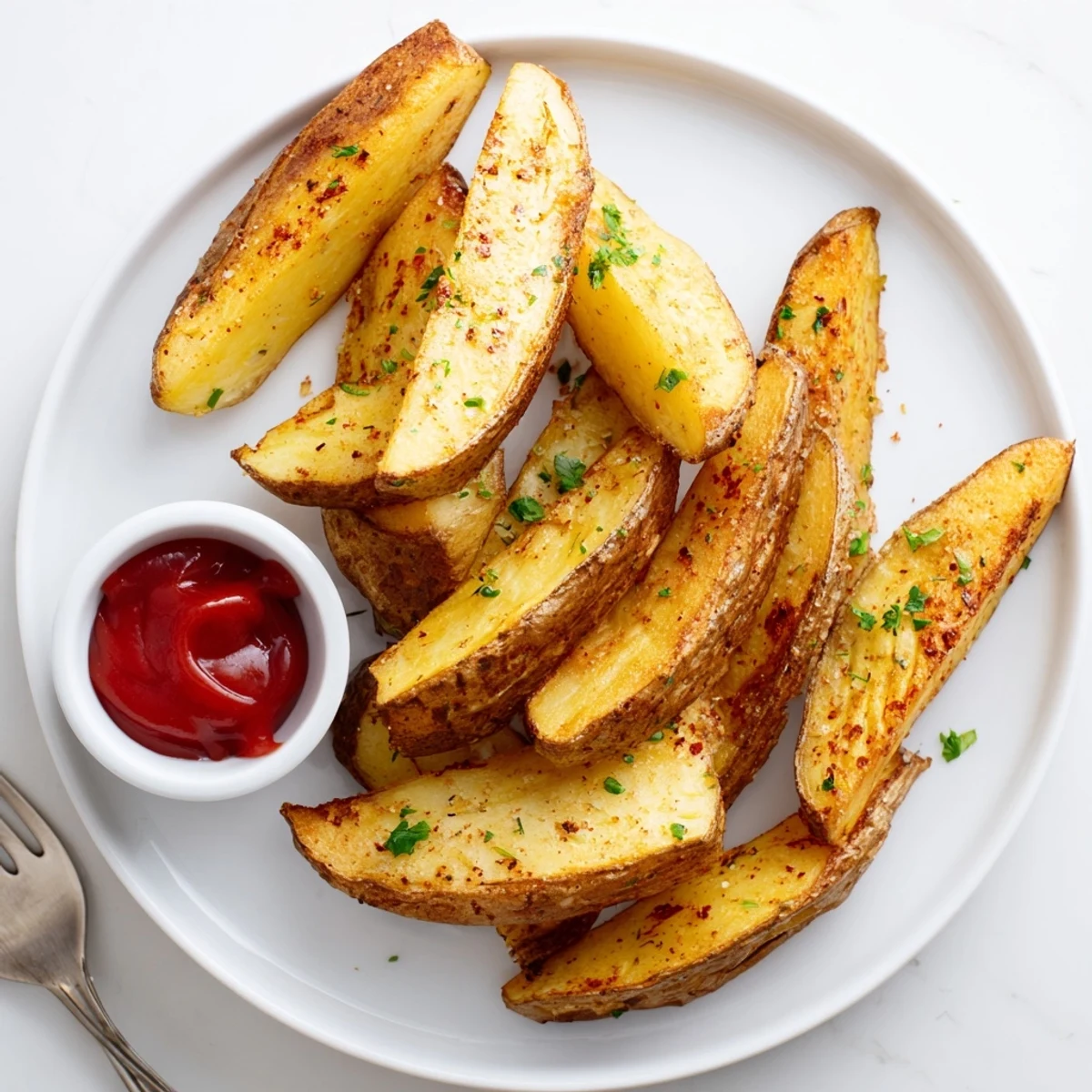 Oven-baked Potato Wedges, golden-crisp edges and pillowy interior, sprinkled parsley.