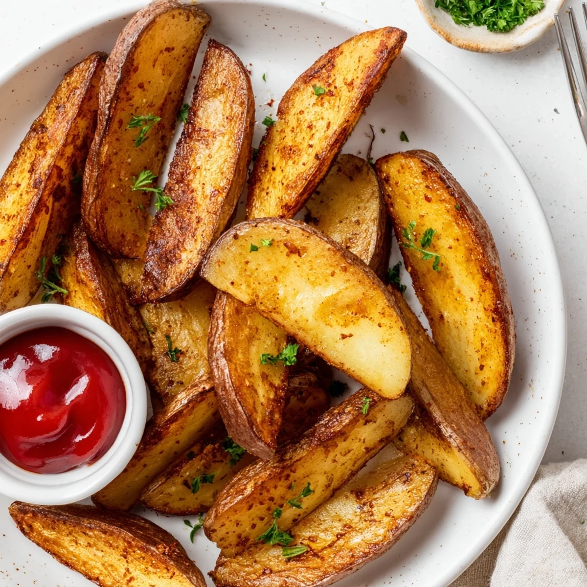 Hot Potato Wedges served with ketchup and aioli, steaming and crunchy.