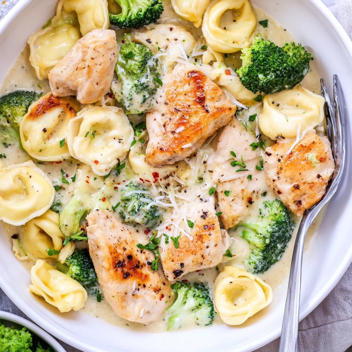 Plated steaming bowl of Creamy Garlic Parmesan Tortellini Chicken Broccoli Recipe, aromatic garlic.  