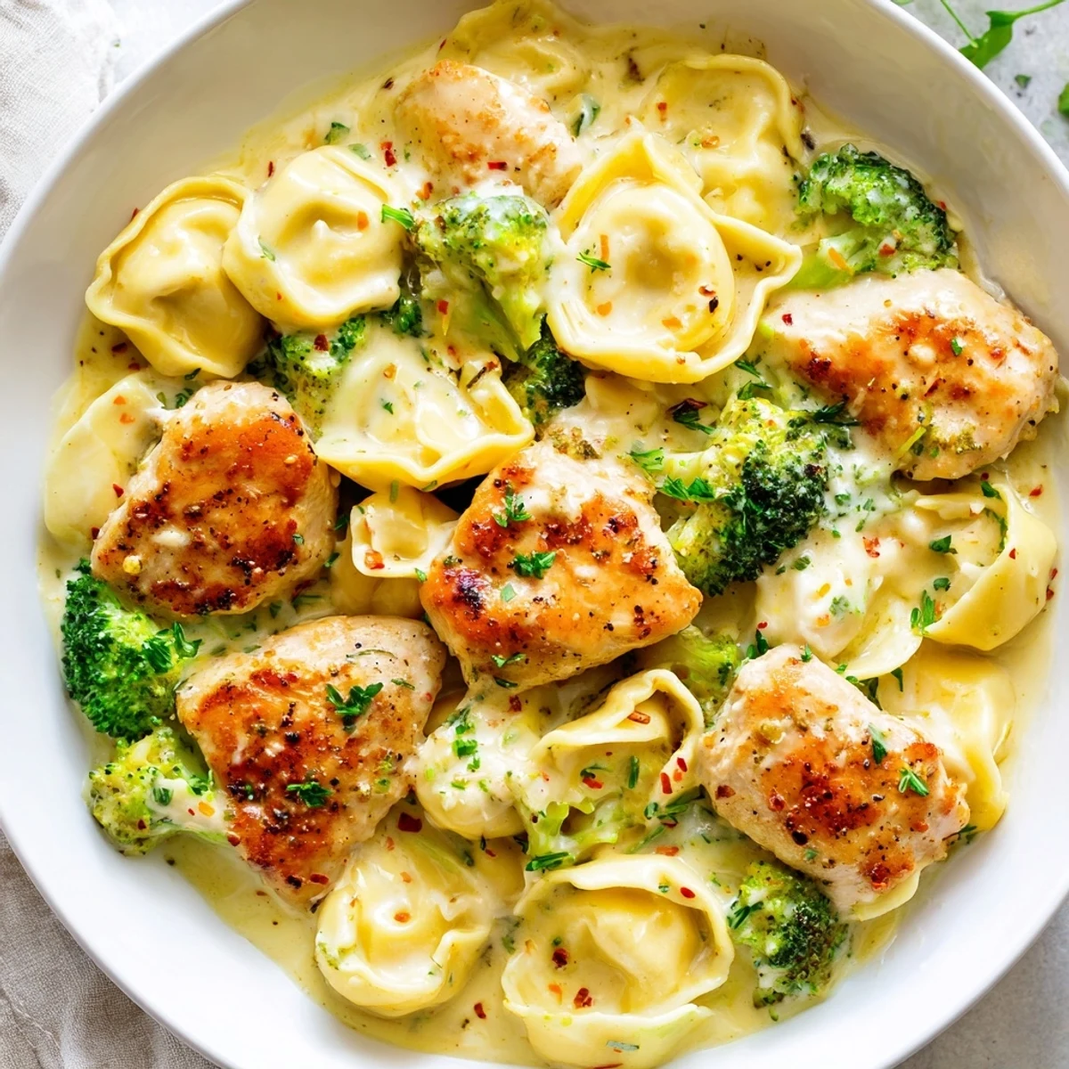 Skillet-ready Creamy Garlic Parmesan Tortellini Chicken Broccoli Recipe, broccoli crisp and cheese melted.