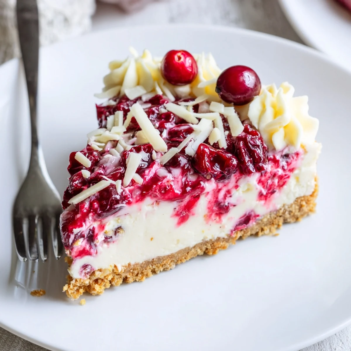 No Bake Cranberry White Chocolate Cheesecake topped with tangy cranberry compote, chilled