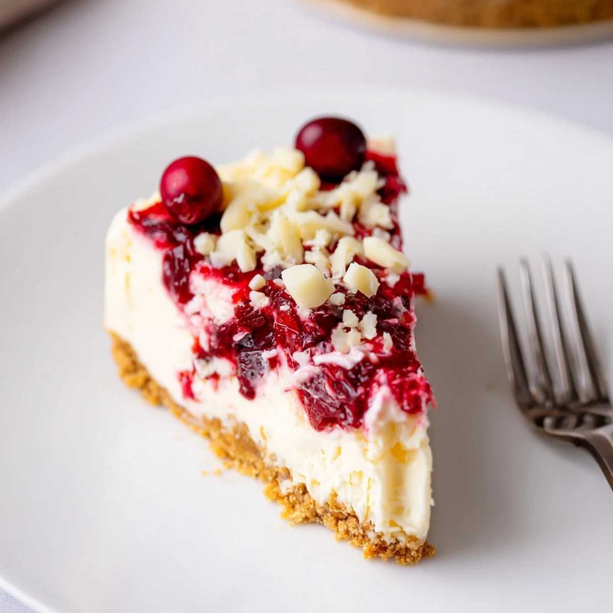 No Bake Cranberry White Chocolate Cheesecake on graham crust, velvety cream filling